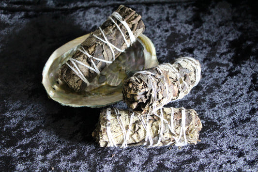 Handcrafted black sage smudge sticks with white string on abalone shell, ritual cleansing tool