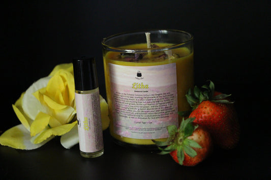 Litha crystal candle and essential oil with yellow rose and strawberries, Witches' Brew sustainable goods