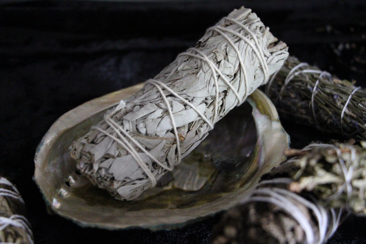 Sustainable white sage smudge stick in abalone shell, ritual tool for modern witches