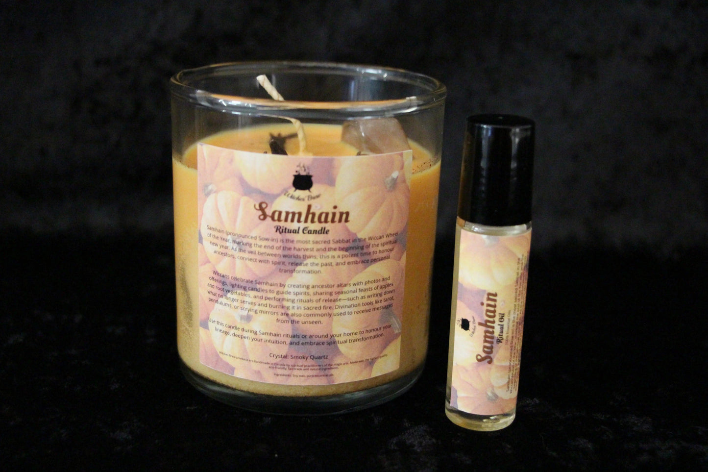 Samhain ritual candle and essential oil from Witches' Brew on a dark background