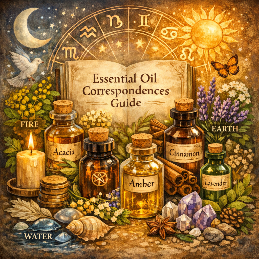 Essential oil correspondences guide with labeled amber bottles, crystals, herbs, and zodiac symbols