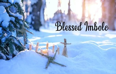 Imbolc ritual setup in snowy forest with candles, Brigid crosses, and corn doll.
