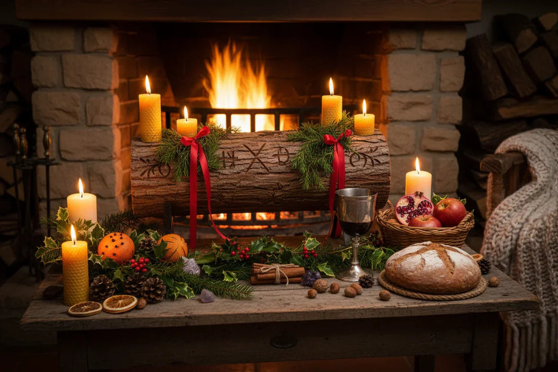 Cozy Yule altar with candles, decorated Yule log, fruits, bread, and ritual items by a fireplace.
