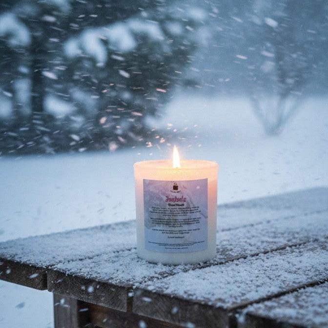 Hand-poured crystal candle burning on snowy wooden table outdoors during snowfall