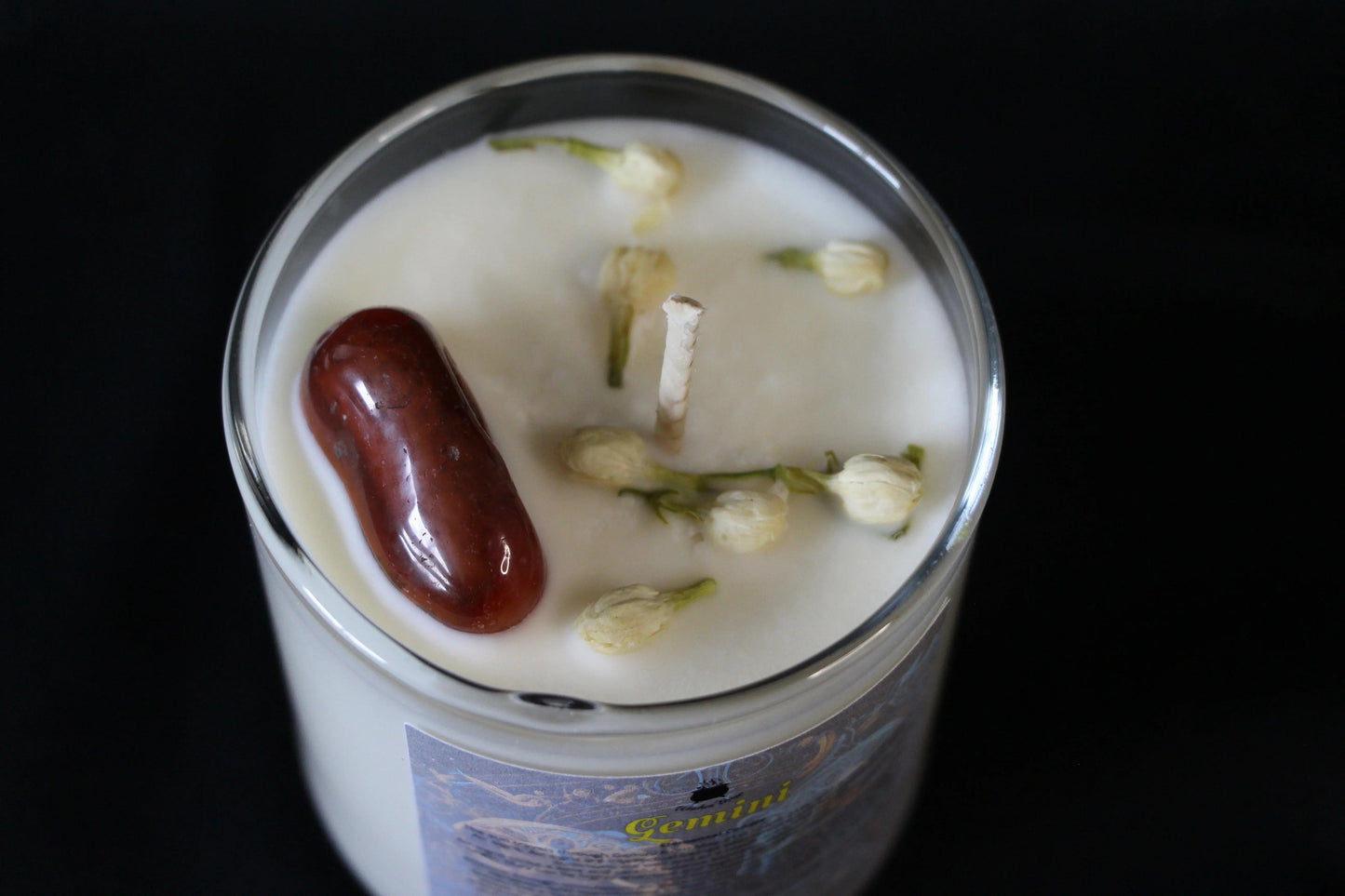 Hand-crafted crystal candle with gemstone and dried flowers, Witches' Brew sustainable goods