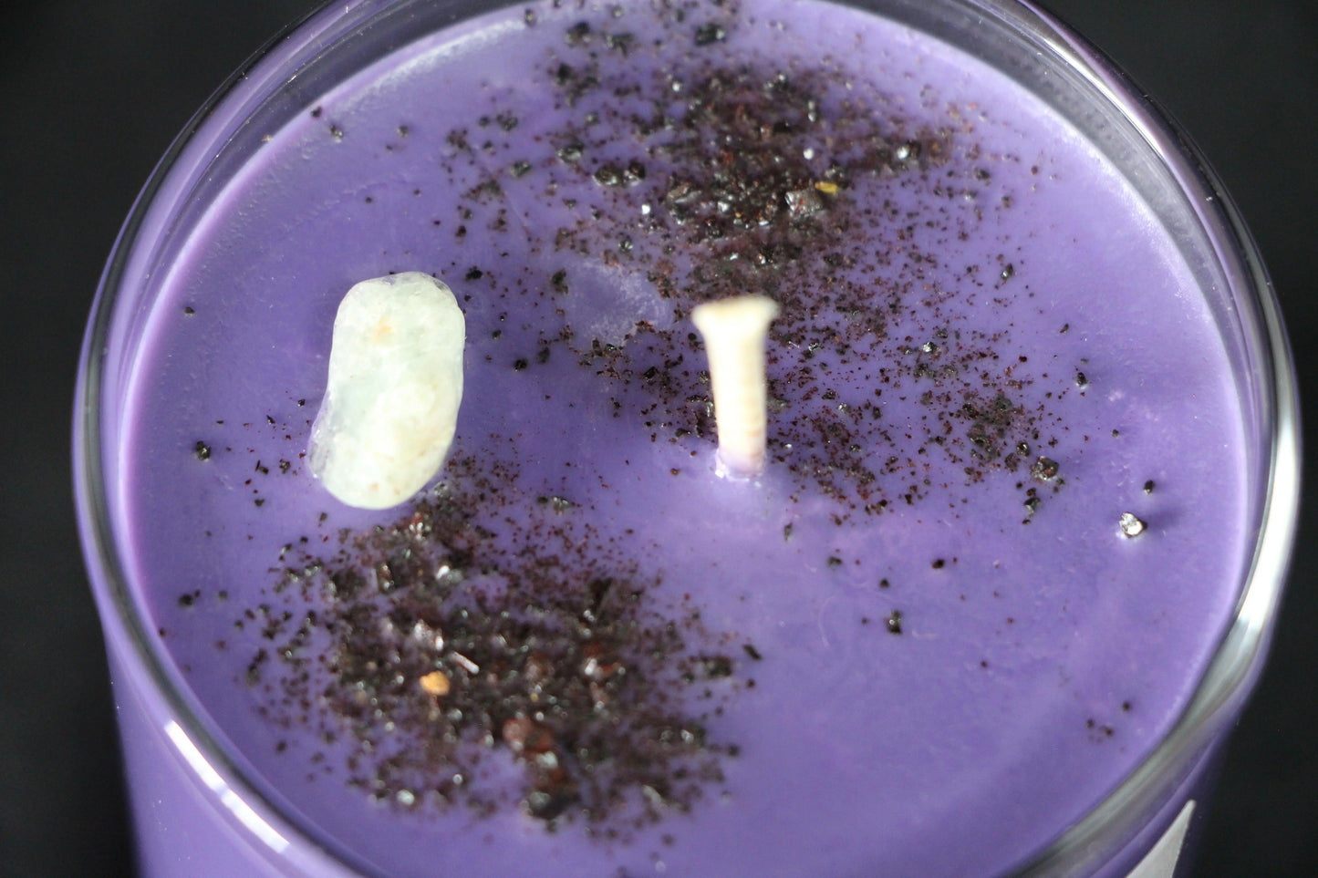 Purple crystal candle with herbal sprinkle and crystal stone, sustainable witch decor