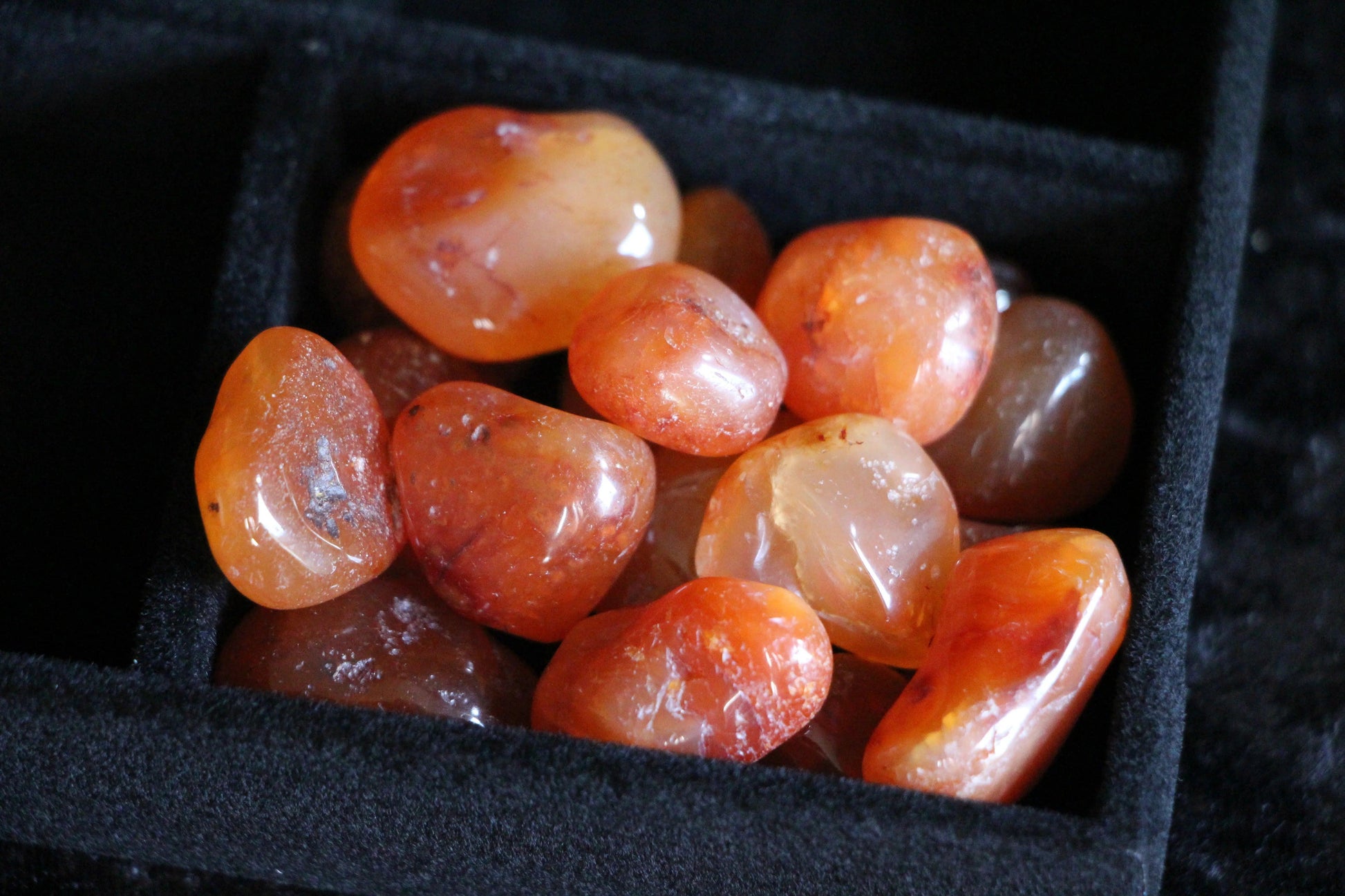 Tumbled carnelian crystals in a black velvet box, ritual tools for witchcraft intentions