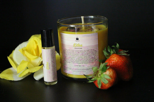 Hand-crafted yellow Litha crystal candle and essential oil with yellow rose and strawberries