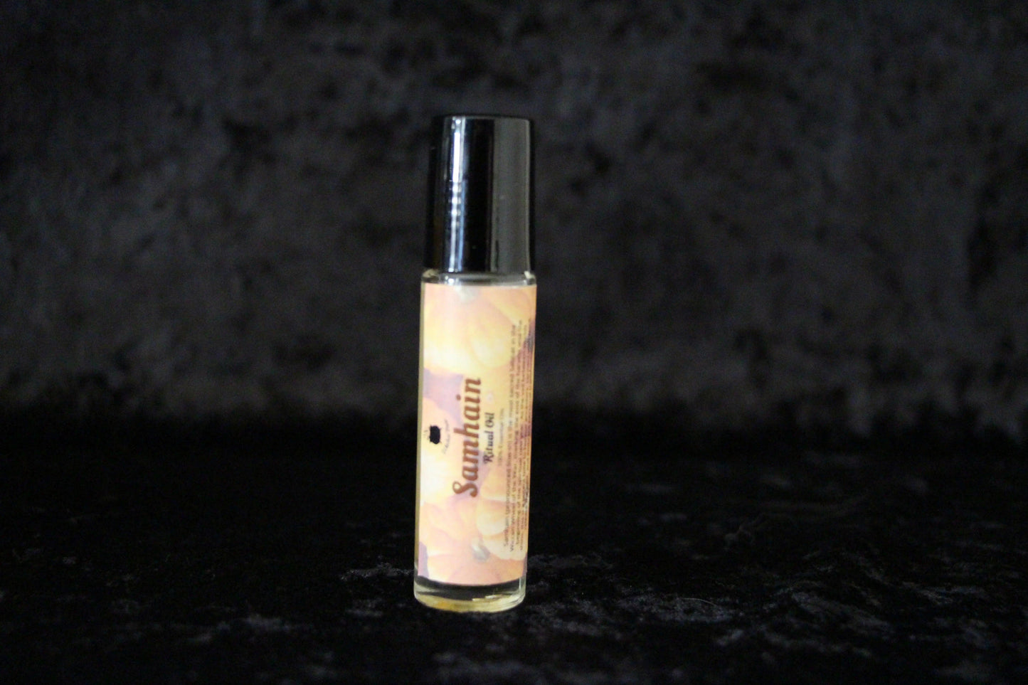 Samhain ritual oil bottle on black velvet, hand-crafted witchcraft essential oil